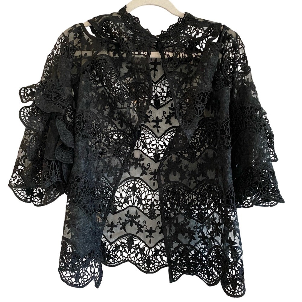 Reveuse Whimsygoth Cold Shoulder Top L Women's Black Floral Sheer Crochet Blouse